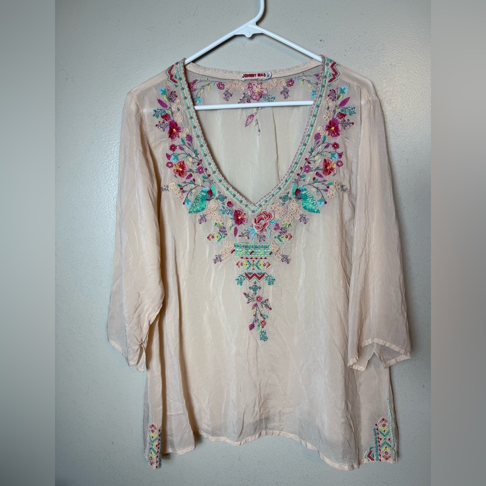 Johnny Was Embroidered Tunic Blouse Light Rose Mauve Floral PL Cottagecore Sheer